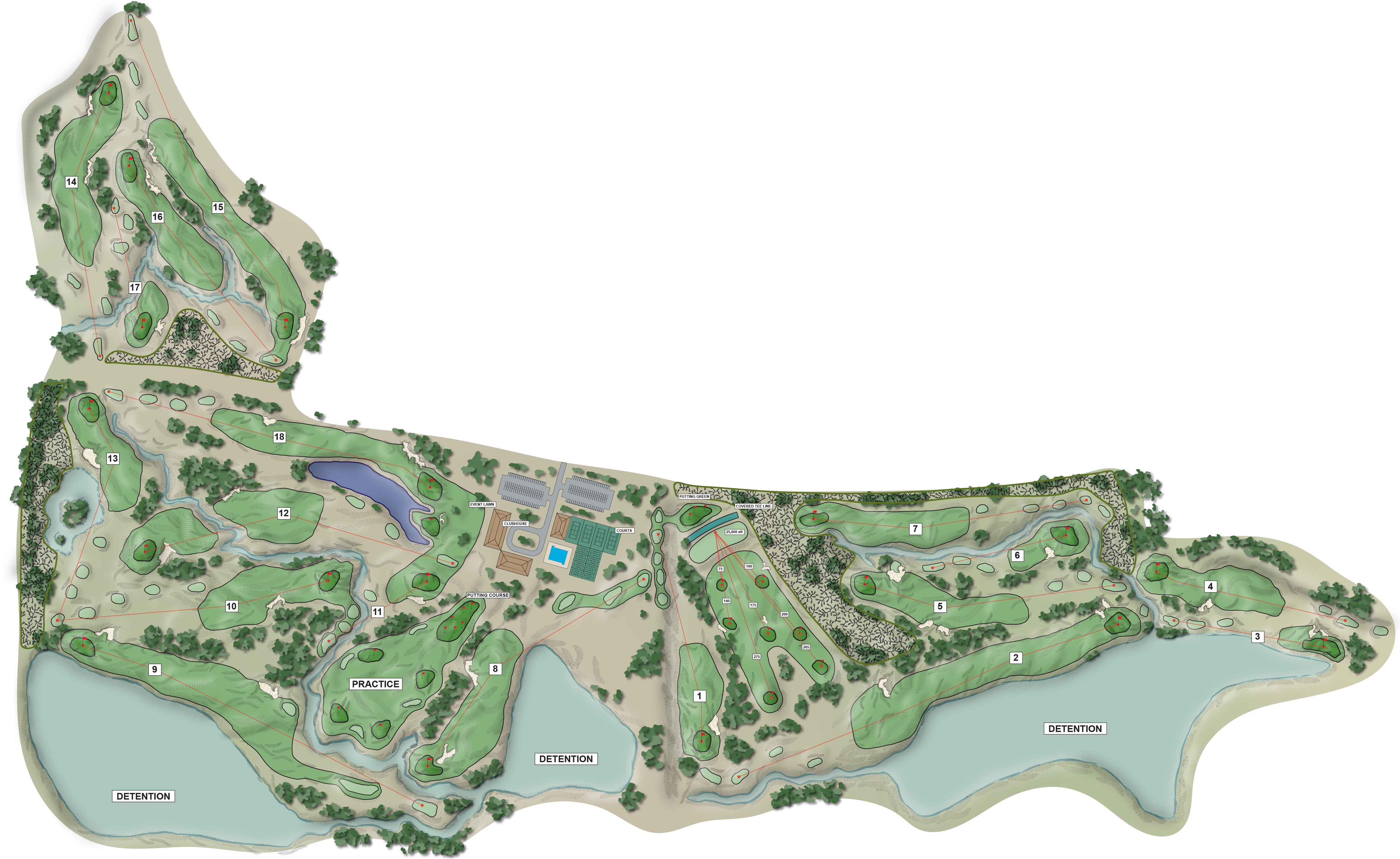 Course routing map showing 18 holes, pitch and putt, putting course, and detention basins